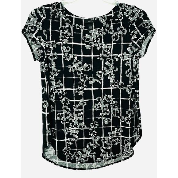 ALFANI CAP SLV PULL-OVER ROUND NECK BLOUSE, WOMENS, M-BLACK/WHITE FLORAL, HI-LOW - Picture 1 of 11